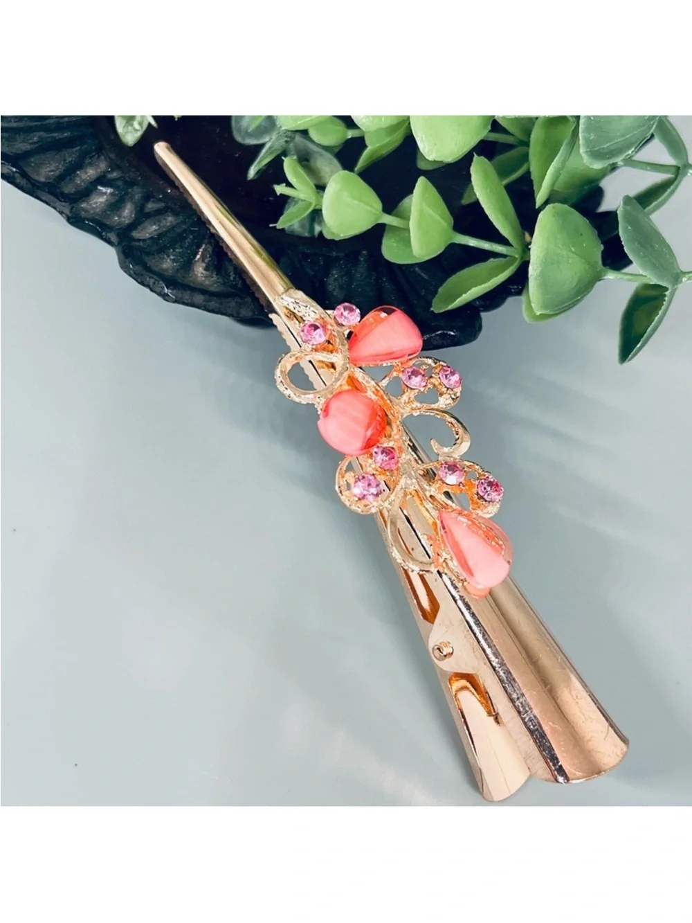 Gold-Tone Pink Crystal Floral Hair Clip FINAL PRICE DROP